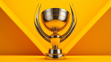 A futuristic trophy made of metallic materials, standing out on a vibrant yellow background.