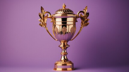 Fototapeta na wymiar A gold-plated trophy with intricate detailing, displayed against a subtle lavender background.