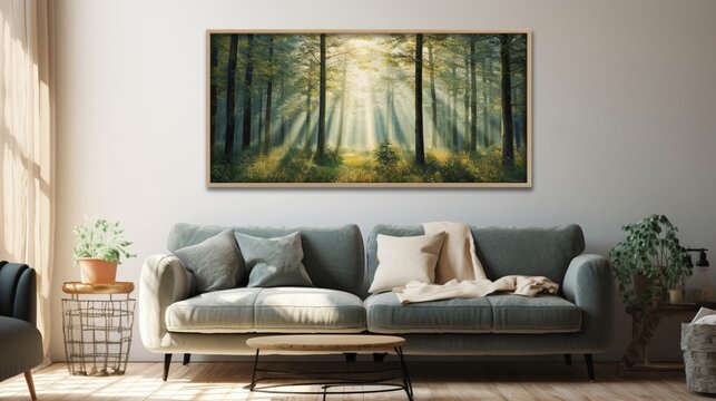A floating frame capturing a serene forest scene with tall trees and dappled sunlight.