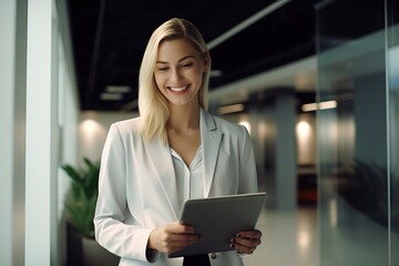 A beautiful blonde financial consultant, a woman manager, uses a tablet in her hands, communicating on a social network with project partners.