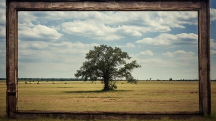 A rustic barnwood frame framing a photograph of a solitary tree in a vast field.