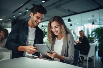 A couple of partners are holding a tablet computer and working on an online project with an app store. People are a team in a marketing company.