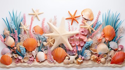 A vivid coral explosion frames a golden border, highlighting an intricate seashell collection and a starfish in a tranquil underwater scene, all against a clean white canvas. - obrazy, fototapety, plakaty