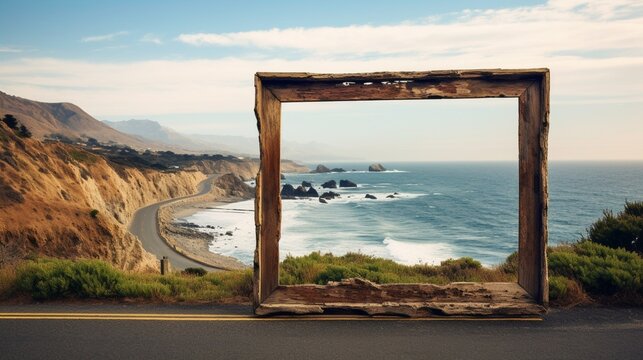 A weathered wooden frame with photos capturing a coastal road trip along winding cliffs.