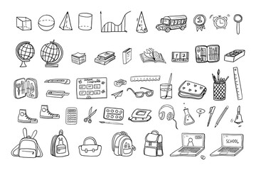 Big set of school icons. Education. Back to school. Hand drawn. Great for banner, posters, cards, stickers, professional design and website wallpapers. Doodle style