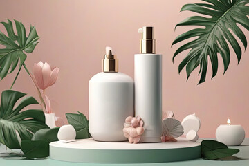 Fototapeta na wymiar Luxury skincare concept 3D shampoo mock up on cube podium with tropical leaves Beauty product ad template 