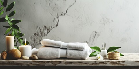 serene spa ambiance with organic skincare, candles, towels, Generative AI