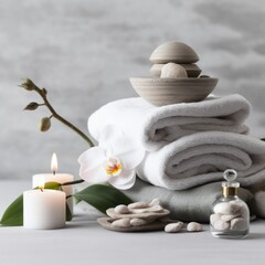 Fototapeta na wymiar serene spa ambiance with organic skincare, candles, towels, Generative AI