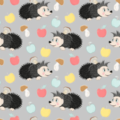 Obraz premium Seamless pattern with cartoon hedgehog and colorful apples. Vector. Suitable for a children's room, wallpaper or for prints on clothes, textiles, cards, packaging.
