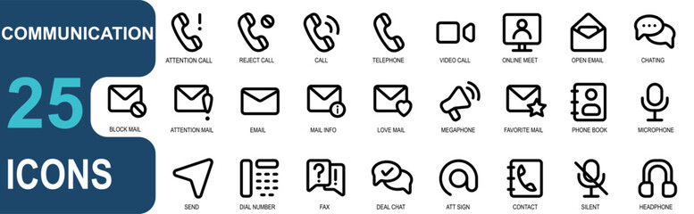 icon set.outline style.contain call alert, blocked call, calling, telephone, call, telephone contact, video call, online meeting, open email, chat.good illustration vector.editable stroke. - obrazy, fototapety, plakaty