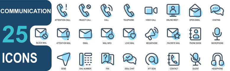 communication icon set.lineal color. contains rejected call, missed call, incoming message, video, camera, megaphone, marketing, contact, telephone dial, approval. vector illustration.editable stroke
