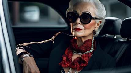 Elegant mature woman sitting on passenger seat of car. Self-confident senior woman looking car window. Old woman in elegant business suit and glasses. Elderly businesswoman in sunglasses. - obrazy, fototapety, plakaty