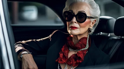 Gardinen Elegant mature woman sitting on passenger seat of car. Self-confident senior woman looking car window. Old woman in elegant business suit and glasses. Elderly businesswoman in sunglasses. © Helen-HD