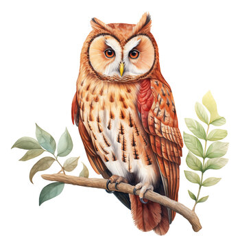 Watercolor tawny owl isolated.