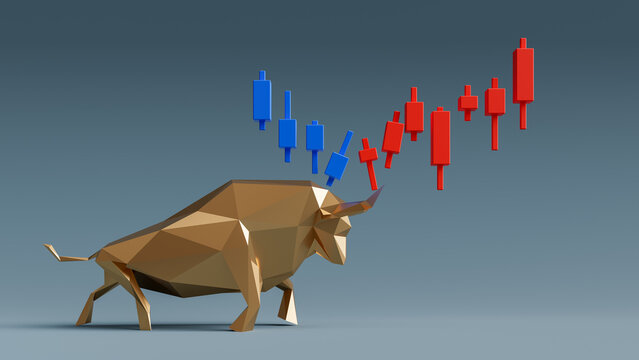 Bulls are pushing up stock chart candles to prevent a bearish market and lead to a bullish market., 3d rendering