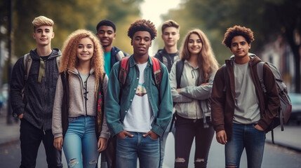 Group of multi ethnic students friends smiling to camera in high school - obrazy, fototapety, plakaty