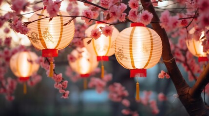 Fototapeta premium Illuminated lanterns with cherry blossoms at dusk. Traditional Asian festival.