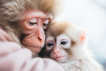 A tender moment between a monkey mother and her baby, both with gentle expressions.