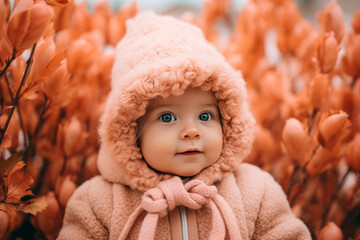 A baby with striking blue eyes wearing a fluffy pink hooded coat against an orange floral background. - obrazy, fototapety, plakaty