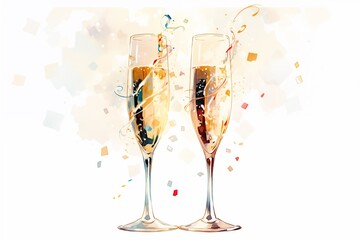 Gold champagne flutes with effervescent light abstraction and confetti ribbons; elegant, romantic watercolor painting illustration celebrate festive holiday (New Year Eve, birthday, anniversary)