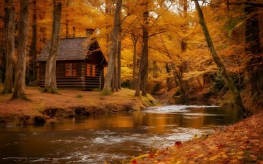 Tranquil autumn retreat: river, fall colors, cabin. Cinematic portrait photography capturing seasonal beauty