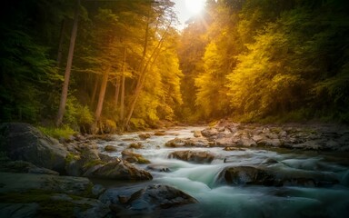 Tranquil autumn retreat: river, fall colors, cabin. Cinematic portrait photography capturing seasonal beauty