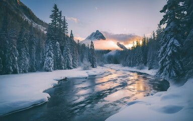 Winter retreat: river, snow-covered trees, cabin with chimney. Cinematic portrait of a serene wonderland.
