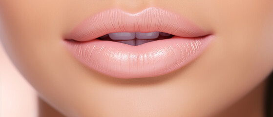 A close-up of a person's lips with light pink lipstick on a smooth skin background. - obrazy, fototapety, plakaty