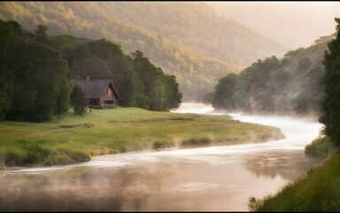 Misty morning retreat: river, fog-kissed greenery, cabin. Cinematic portrait of serene woodland beauty.
