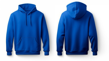Front and back view of a royal blue hoodie with no print.