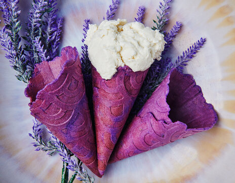 Vanilla ice cream in Lavender ice cream cones