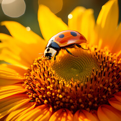 
A ladybug exploring the delicate petals of a blooming sunflower