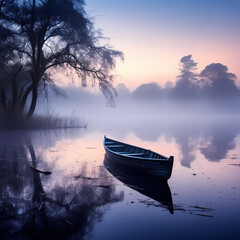 A lone rowboat on a mist-covered river at dawn