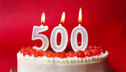 500 years Birthday cake With Candle and red background	
