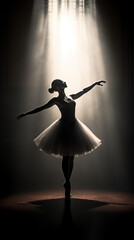 Silhouette of ballerina on dark with light, in the style of black and white - obrazy, fototapety, plakaty