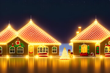 Christmas gingerbread house decoration on white background of defocused golden lights. Hand decorated. Generative AI

