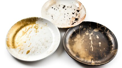 Fototapeta na wymiar Dirty unwashed dishes with leftover food. Clutter concept. White background, isolate. AI generated.