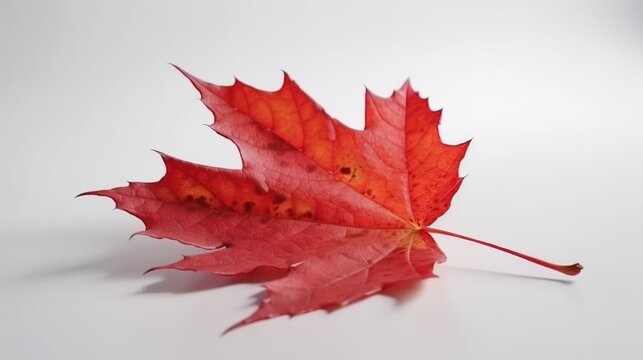 Canada Independence Day. Red maple leaf on a white background, close-up. AI generated.