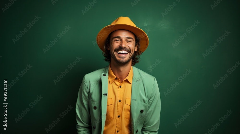 Poster Joyful man with a beaming smile wearing a vibrant yellow shirt and matching hat, exuding charm and happiness against a green backdrop.