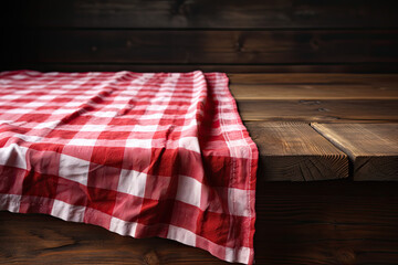 red and white checkered table cloth on wood