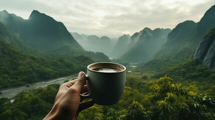 A hand extends with a cup of coffee, overlooking a lush valley with mist-veiled mountains, capturing the essence of a serene morning retreat... - Powered by Adobe