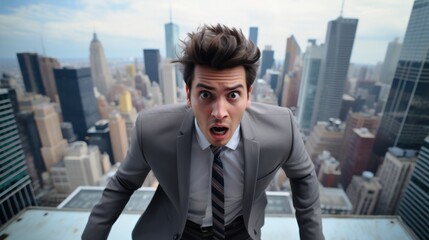 A shocked businessman stands high above the city, hair windswept, eyes wide, mouth agape, embodying a daring, high-stakes urban adventure. - obrazy, fototapety, plakaty