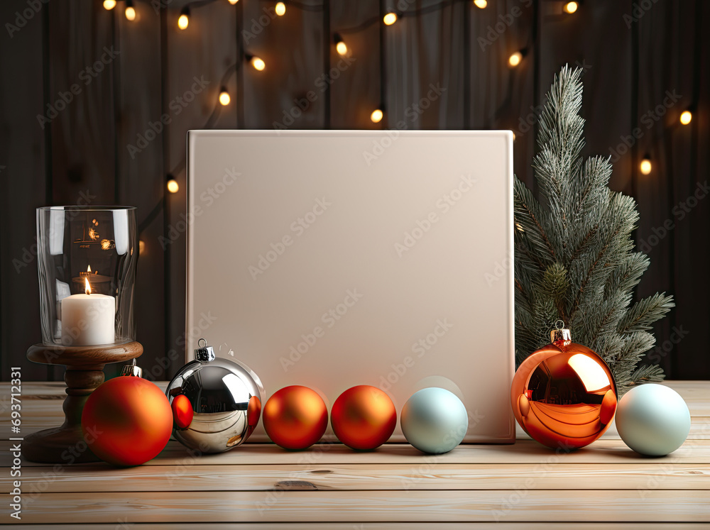 Canvas Prints white tabletop in front of a christmas tree with copy space