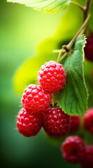 raspberries with green leaves on a branch