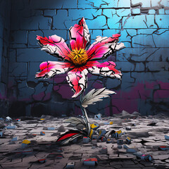 Vividly Colored Graffiti-Style Flower Illustration in Post-Apocalyptic Setting