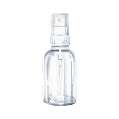 Plastic white water spray bottle. Top view of the art supplies object. Watercolor illustration isolated ontransparent background. Art World Day elements for art classes, beauty store, salon, ads