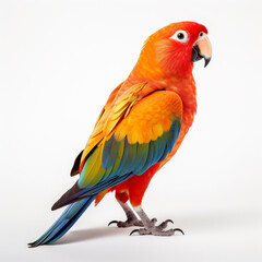 A parrot with beautiful colors is standing on a white background