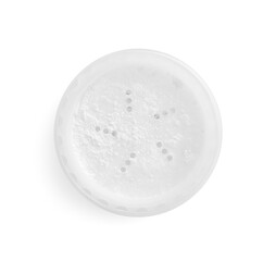 Rice face powder isolated on white, top view. Natural cosmetic