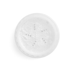 Rice face powder isolated on white, top view. Natural cosmetic
