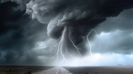 Destructive tornado funnel, natural cataclysm disaster. AI generated.
